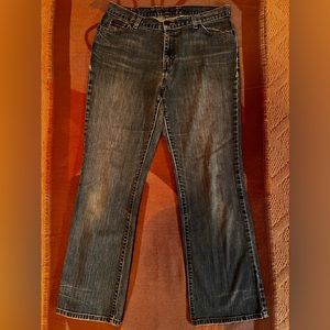 Distressed Eddie Bauer Full Length high waisted Boot Cut Jeans, Sz 14